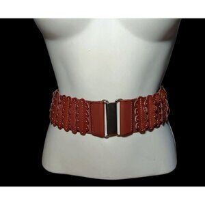 Elastic Stretch Tooled Leather Belt with Brass Buckle Fits 30" - 36" waist